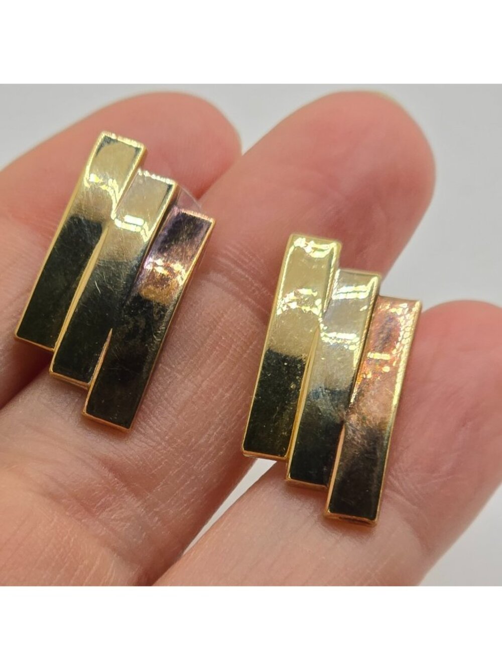 VTG Geometric Gold Tone Bar Stud Earrings Minimalist Modern Art Deco Style Retro